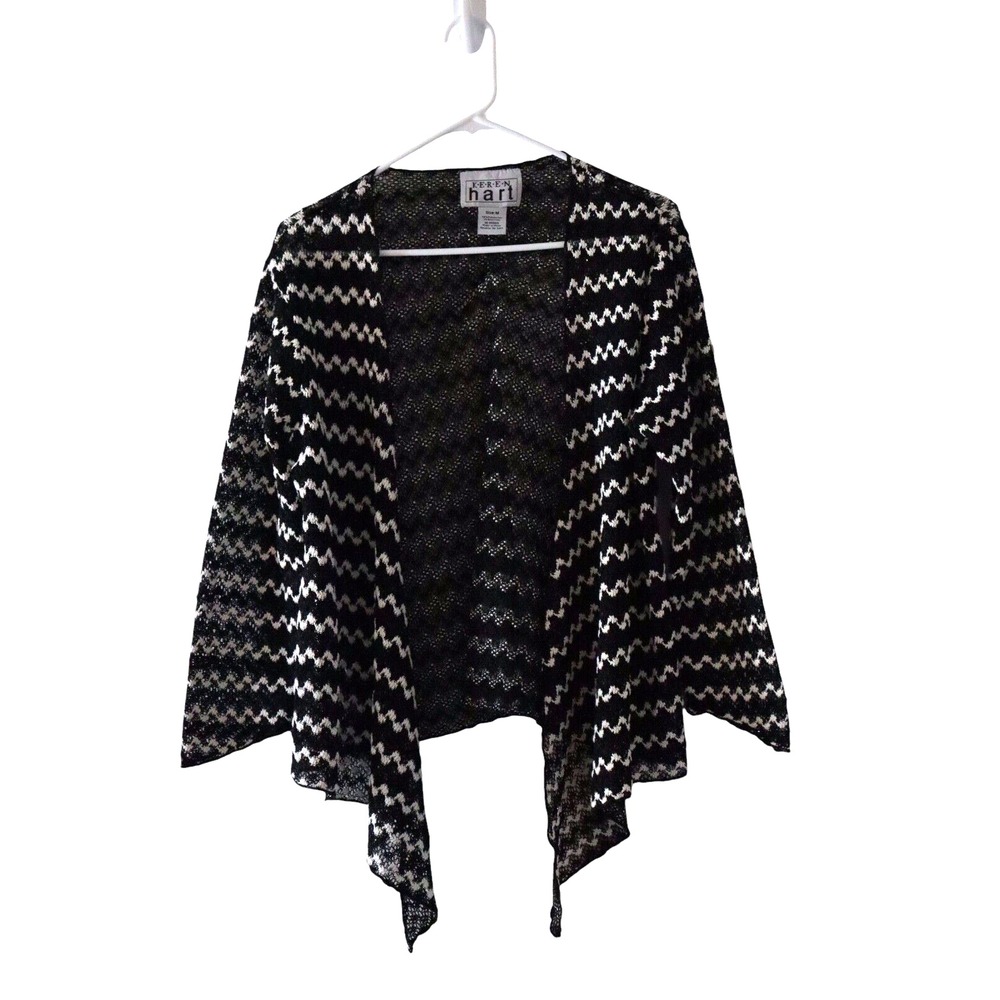 Keren Hart Sz M Black White Fishnet Waterfall Open Cardigan Sweater